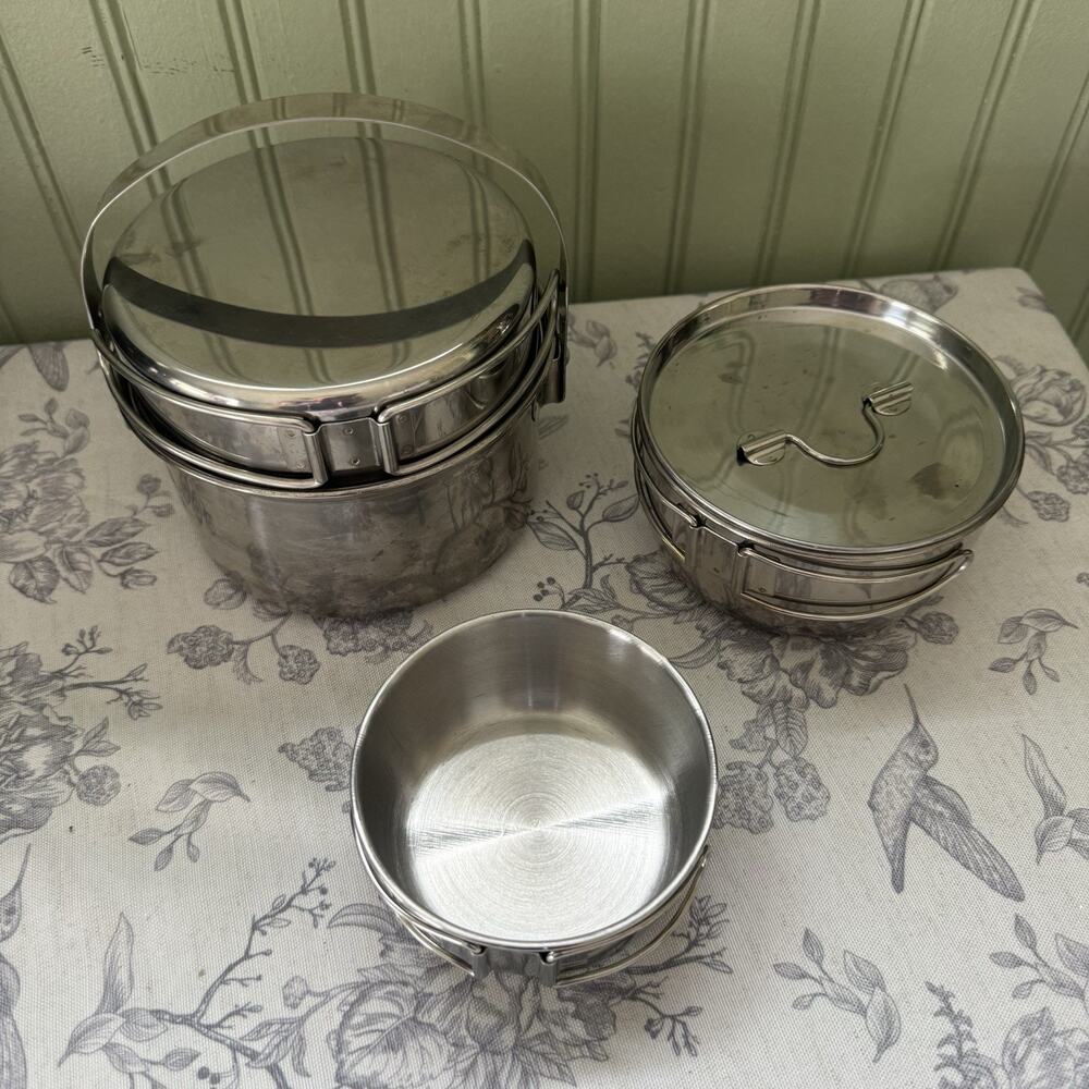 Vtg Camping Cook Set Coleman Peak 1 Stainless Steel Nesting Pots Pans 5 Piece